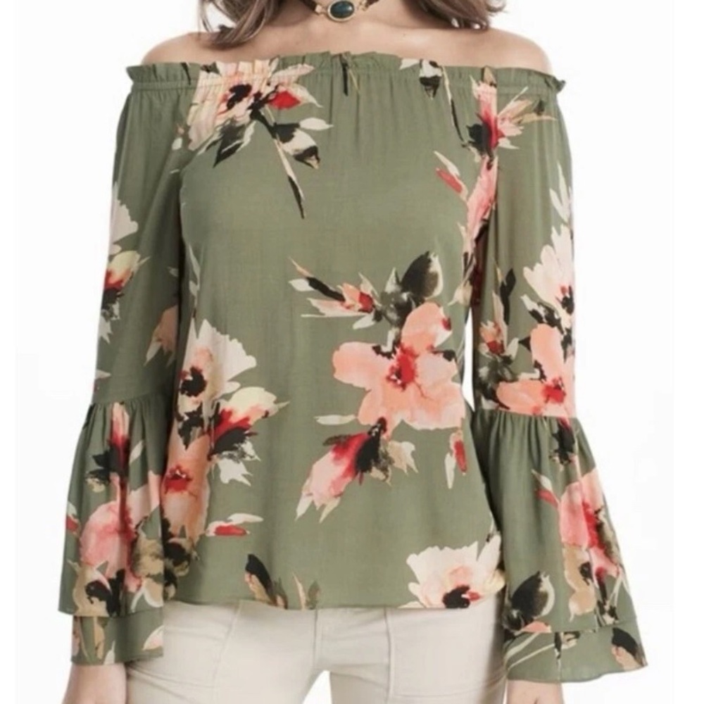 White House Black Market ARYA Off Shoulder Ruffled Sleeve Blouse Medium Petite